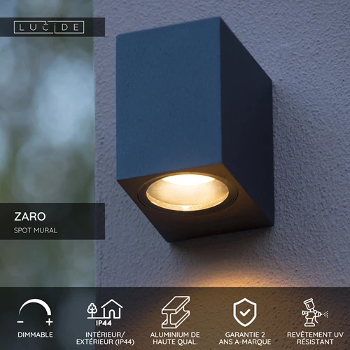 Lucide ZARO - Spot mural / Applique mural Intérieur/Extérieur - 1xGU10 - IP44 - Noir - USP